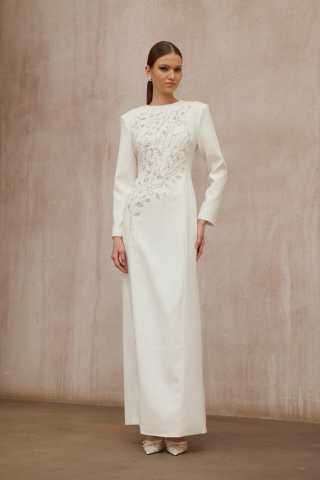 Aurohaya Calliopée White Leaf Appliqué Embellished Maxi Gown