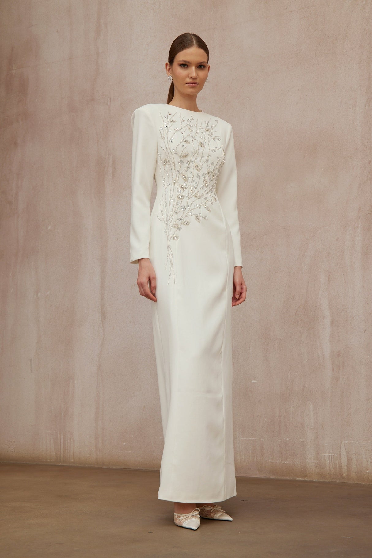 Aurohaya Calliopée White Leaf Appliqué Embellished Maxi Gown