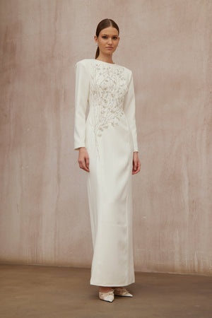 Aurohaya Calliopée White Leaf Appliqué Embellished Maxi Gown