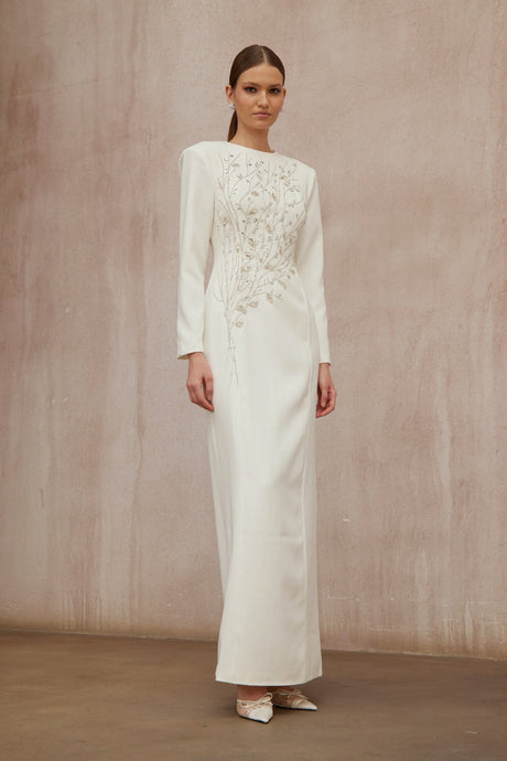 Aurohaya Calliopée White Leaf Appliqué Embellished Maxi Gown