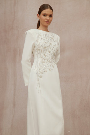 Aurohaya Calliopée White Leaf Appliqué Embellished Maxi Gown