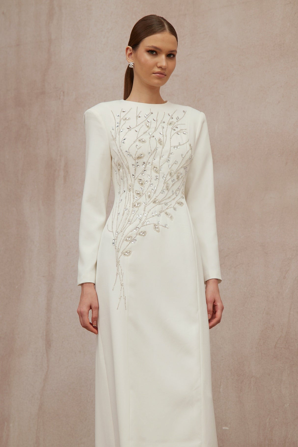 Aurohaya Calliopée White Leaf Appliqué Embellished Maxi Gown