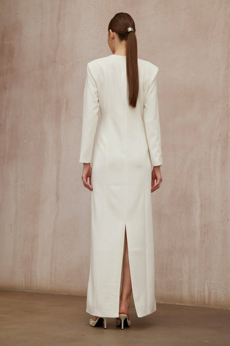 Aurohaya Calliopée White Leaf Appliqué Embellished Maxi Gown