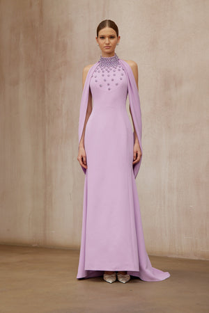 Aurohaya Cerise Purple Shawl Embellished Maxi Dress