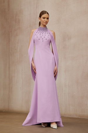 Aurohaya Cerise Purple Shawl Embellished Maxi Dress