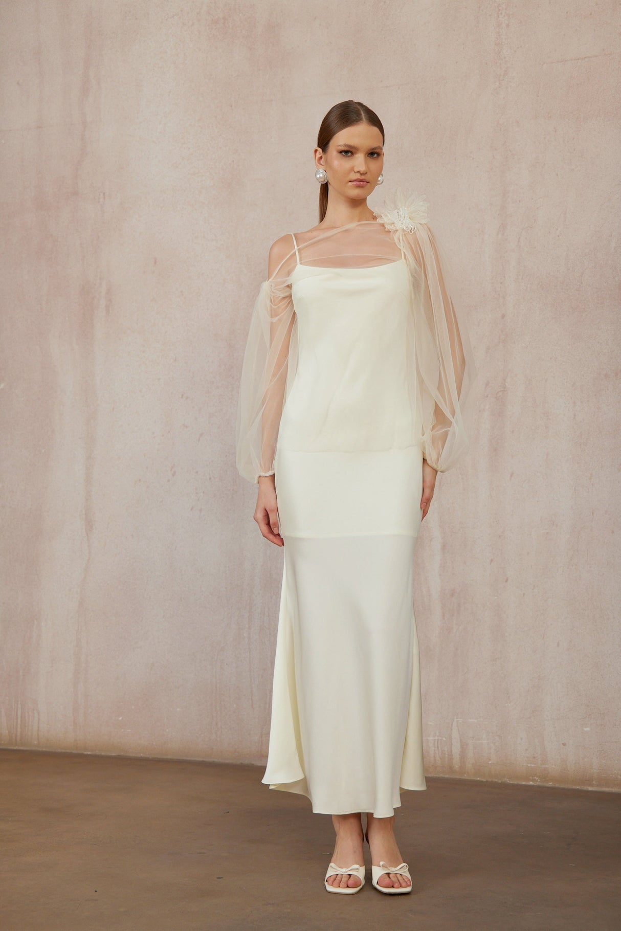 Aurohaya Héloïse White Floral Tulle Blouse & Satin Dress Set