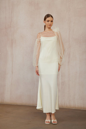 Aurohaya Héloïse White Floral Tulle Blouse & Satin Dress Set
