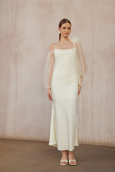 Aurohaya Héloïse White Floral Tulle Blouse & Satin Dress Set