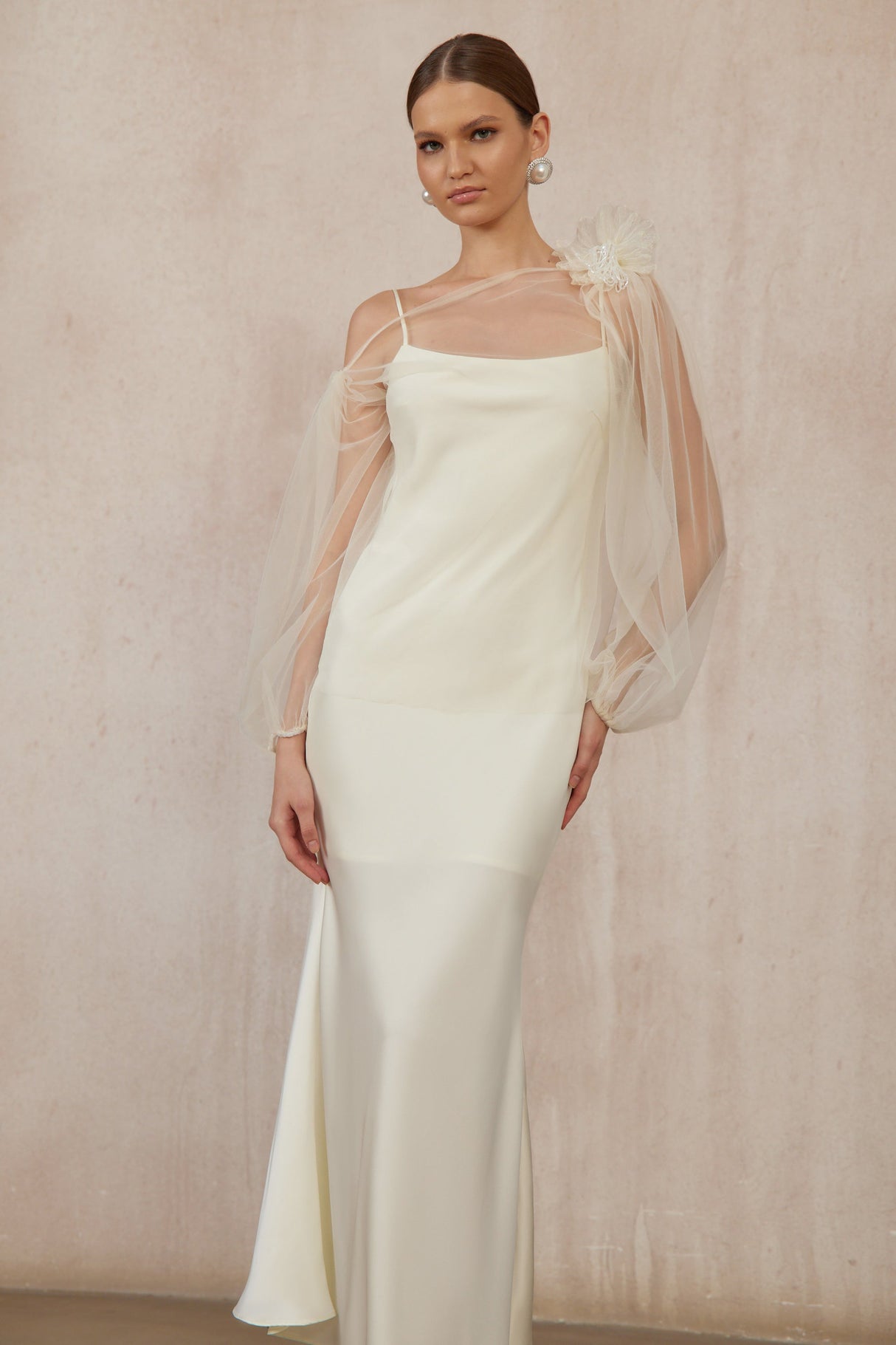 Aurohaya Héloïse White Floral Tulle Blouse & Satin Dress Set
