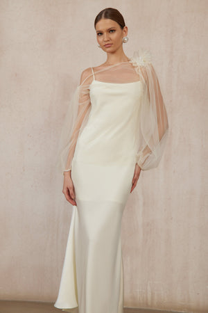 Aurohaya Héloïse White Floral Tulle Blouse & Satin Dress Set