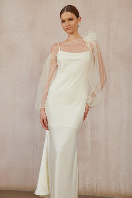 Aurohaya Héloïse White Floral Tulle Blouse & Satin Dress Set