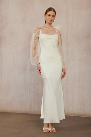 Aurohaya Héloïse White Floral Tulle Blouse & Satin Dress Set