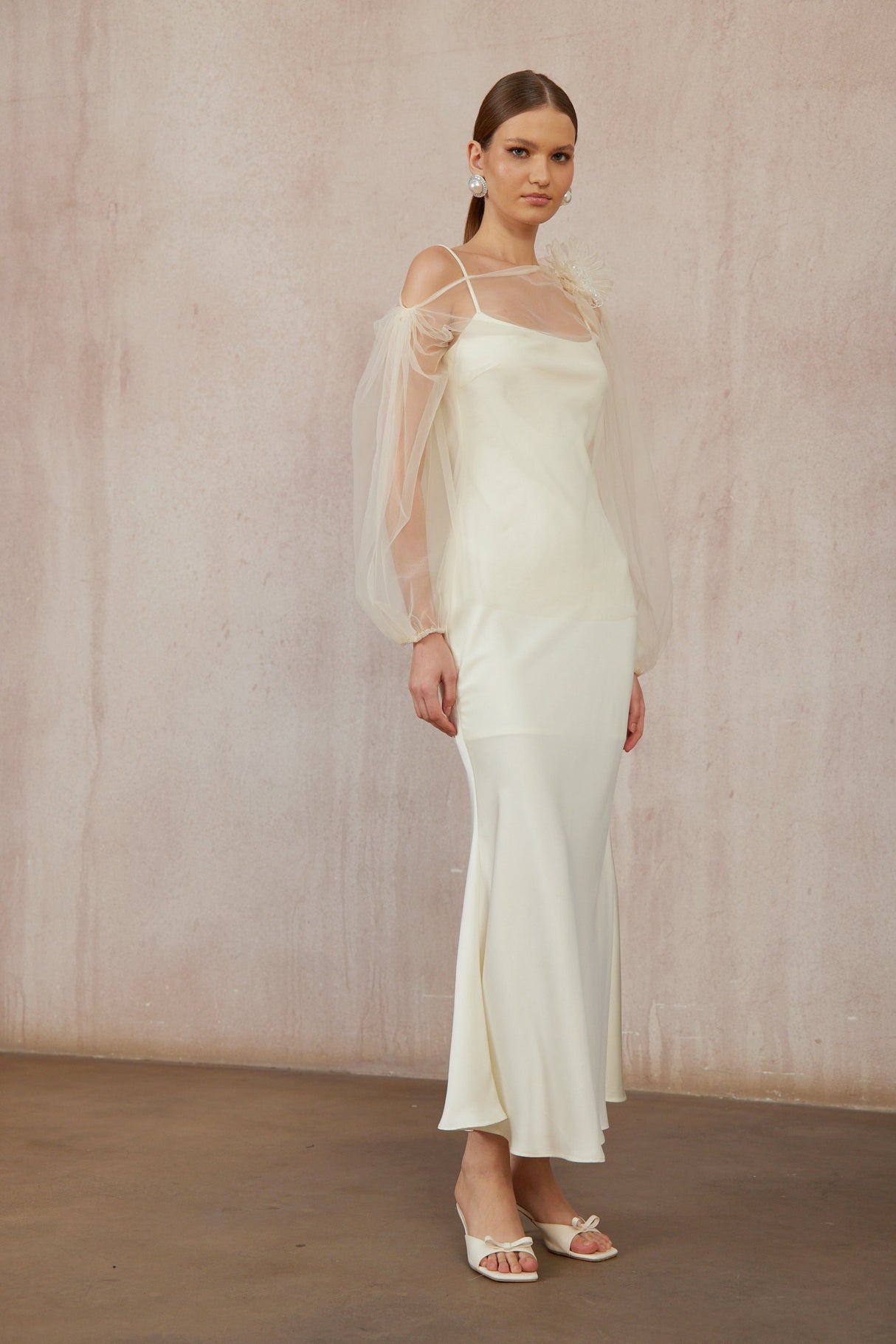 Aurohaya Héloïse White Floral Tulle Blouse & Satin Dress Set