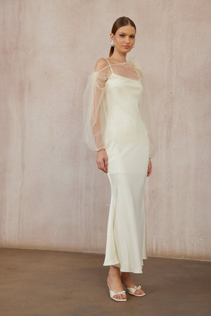 Aurohaya Héloïse White Floral Tulle Blouse & Satin Dress Set