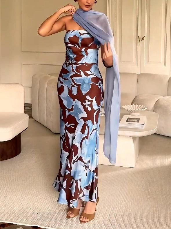 Aurohaya Elegant Watercolor Floral Print Maxi Dress Brown & Blue
