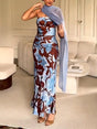 Aurohaya Elegant Watercolor Floral Print Maxi Dress Brown & Blue