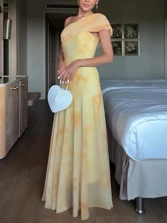 Aurohaya Tie-Dye Mesh Print One-Shoulder Sleeve Maxi Dress