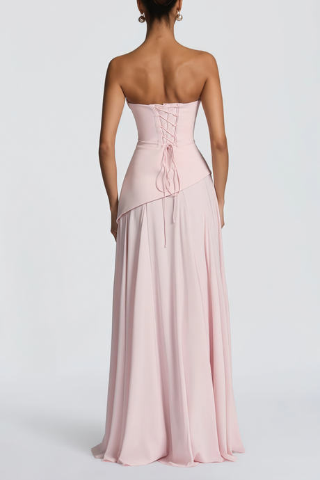 Aurohaya Romane Pink Strapless Corset Chiffon Maxi Dress