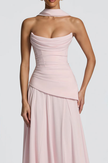 Aurohaya Romane Pink Strapless Corset Chiffon Maxi Dress