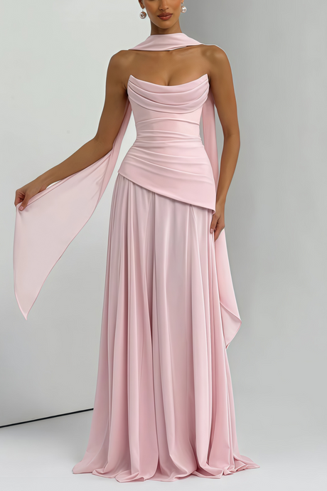 Aurohaya Romane Pink Strapless Corset Chiffon Maxi Dress
