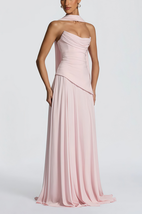 Aurohaya Romane Pink Strapless Corset Chiffon Maxi Dress