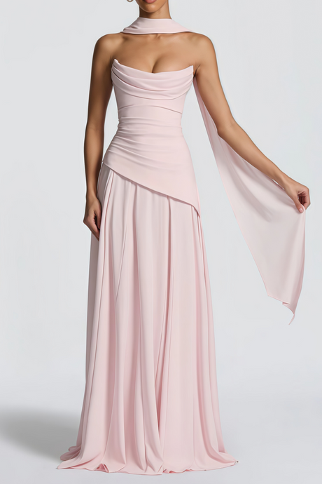 Aurohaya Romane Pink Strapless Corset Chiffon Maxi Dress Pink