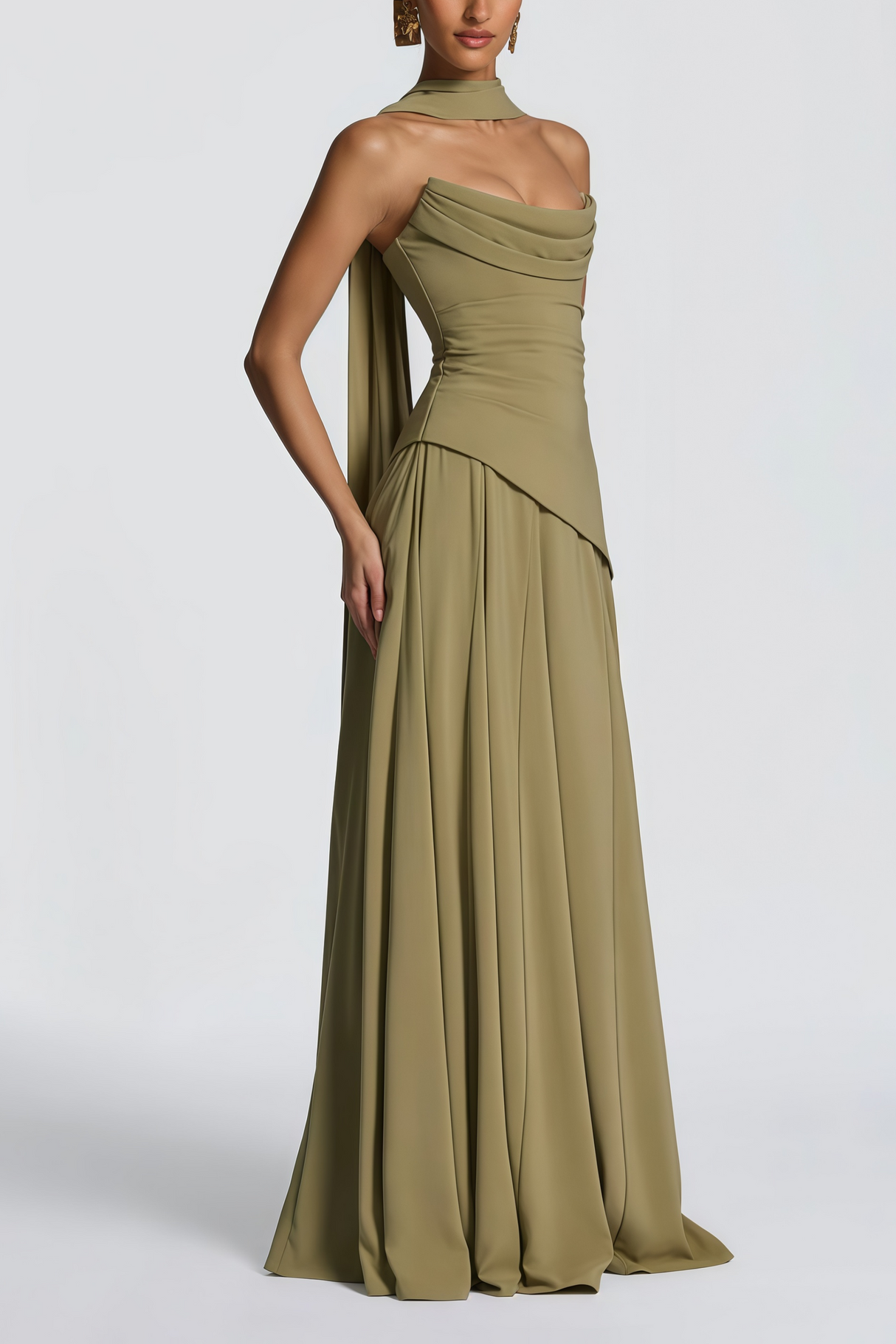 Aurohaya Romane Green Strapless Corset Chiffon Maxi Dress