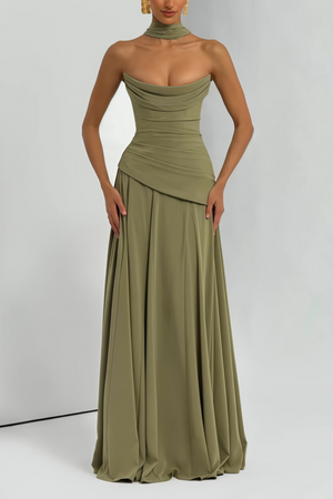 Aurohaya Romane Green Strapless Corset Chiffon Maxi Dress