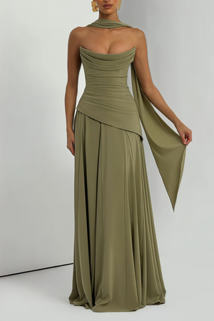 Aurohaya Romane Green Strapless Corset Chiffon Maxi Dress