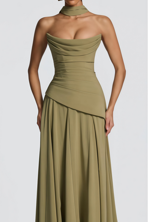 Aurohaya Romane Green Strapless Corset Chiffon Maxi Dress