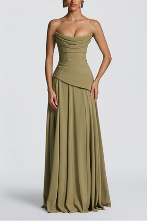 Aurohaya Romane Green Strapless Corset Chiffon Maxi Dress