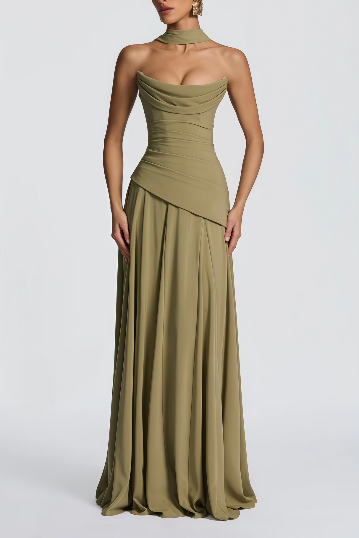 Aurohaya Romane Green Strapless Corset Chiffon Maxi Dress