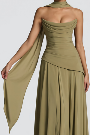 Aurohaya Romane Green Strapless Corset Chiffon Maxi Dress