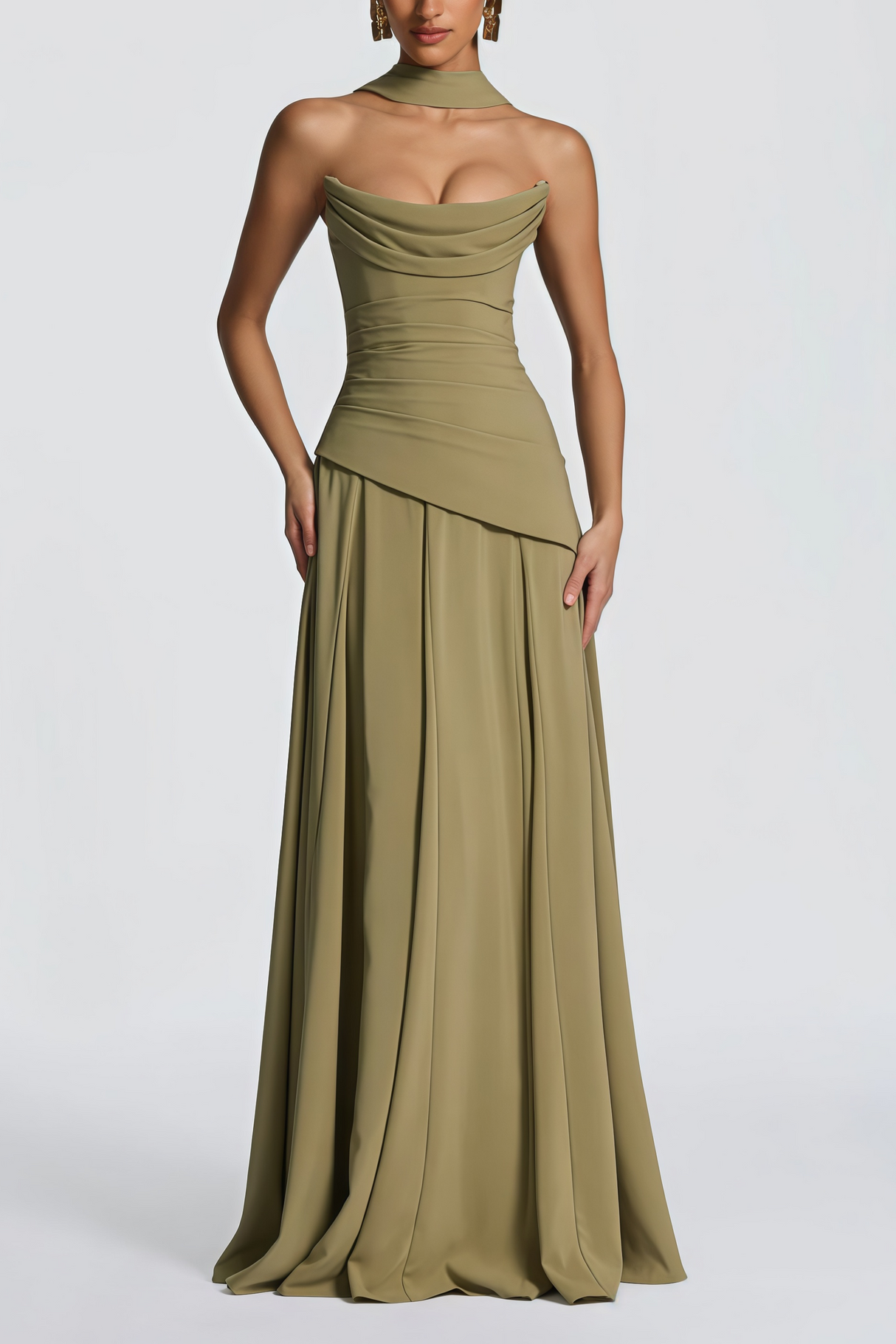 Aurohaya Romane Green Strapless Corset Chiffon Maxi Dress