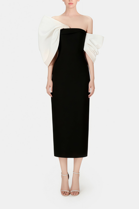 Aurohaya Mathilde Black Midi Dress with Asymmetrical Bow Detail Black