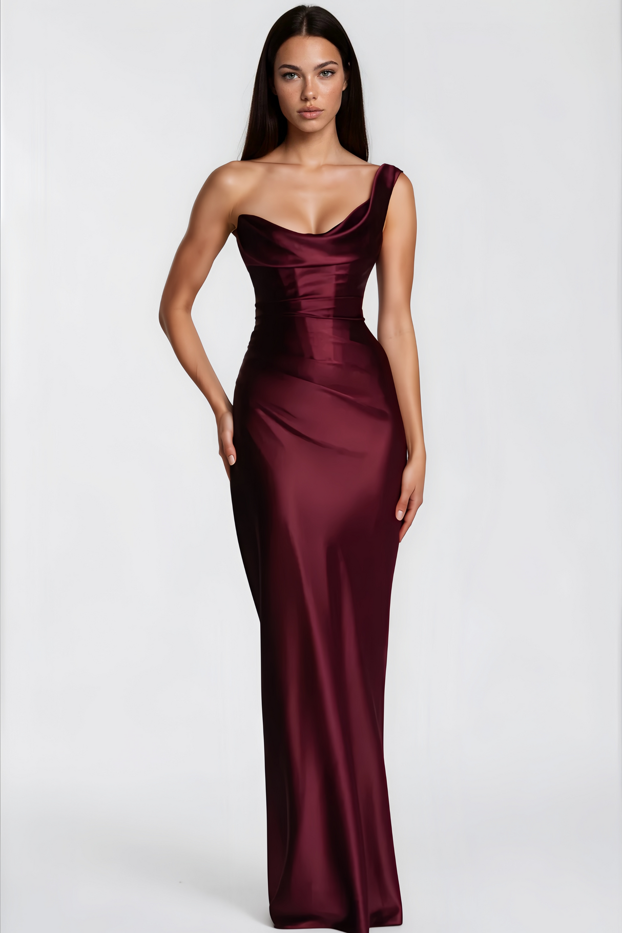 Aurohaya Hannah Burgundy One Shoulder Satin Maxi Dress