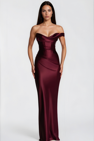 Aurohaya Hannah Burgundy One Shoulder Satin Maxi Dress