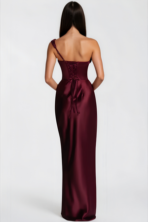 Aurohaya Hannah Burgundy One Shoulder Satin Maxi Dress
