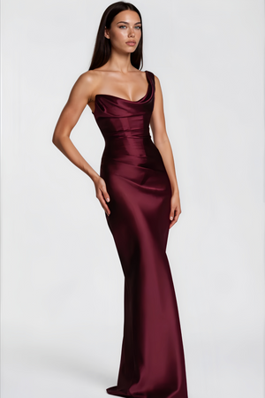 Aurohaya Hannah Burgundy One Shoulder Satin Maxi Dress