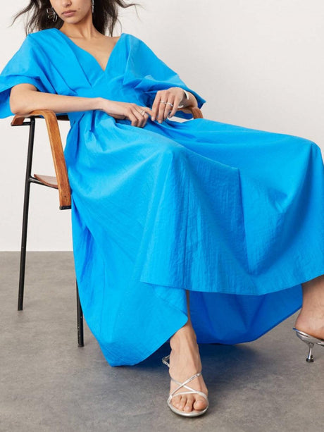 Aurohaya V-Neck Short Sleeve Midi Dress In Blue