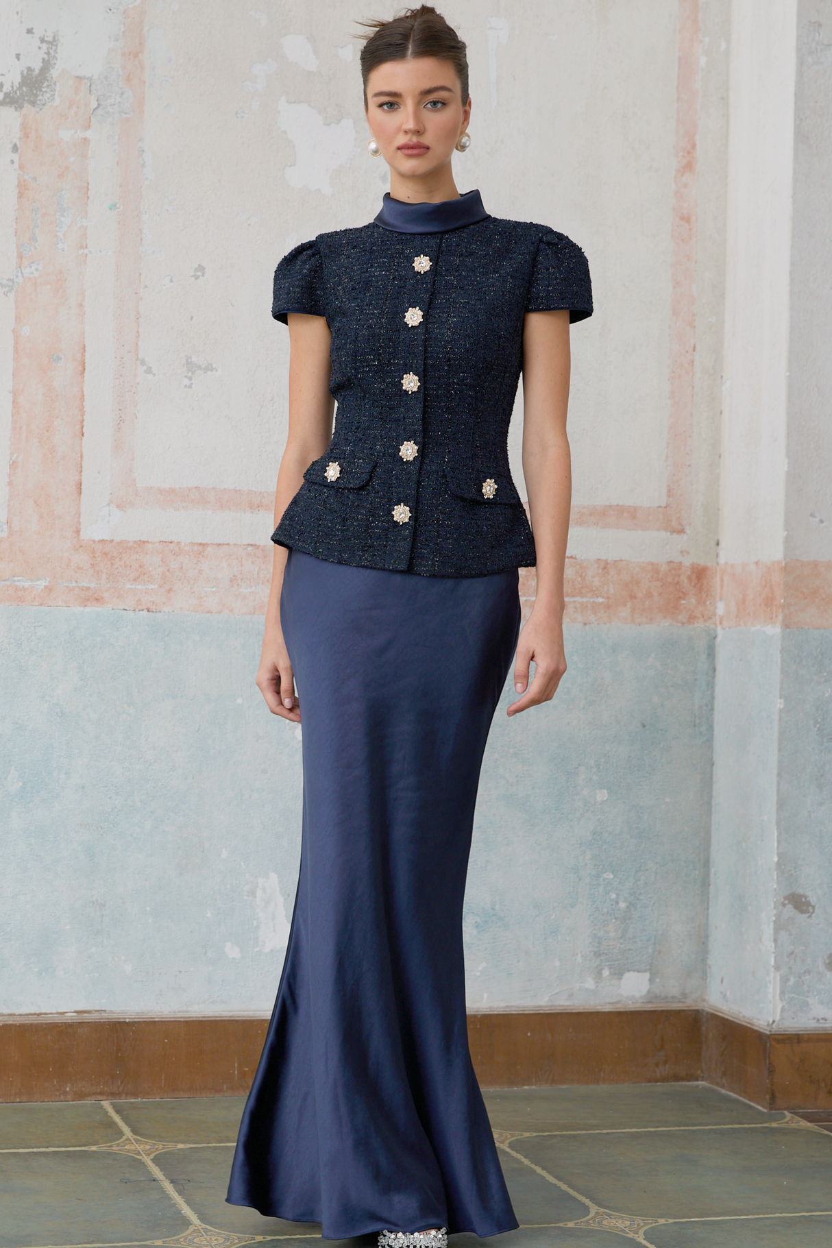 Aurohaya Josette blue peplum-waist panelled maxi dress