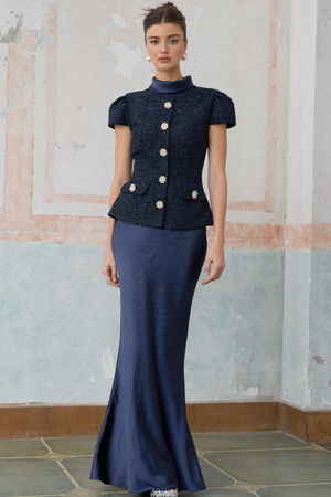 Aurohaya Josette blue peplum-waist panelled maxi dress