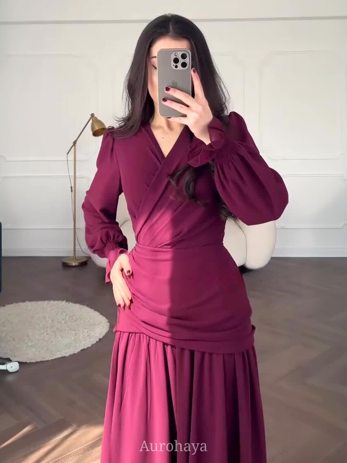 Chiffon Long Sleeve V-Neck Wrap Ruched Waist Maxi Dress