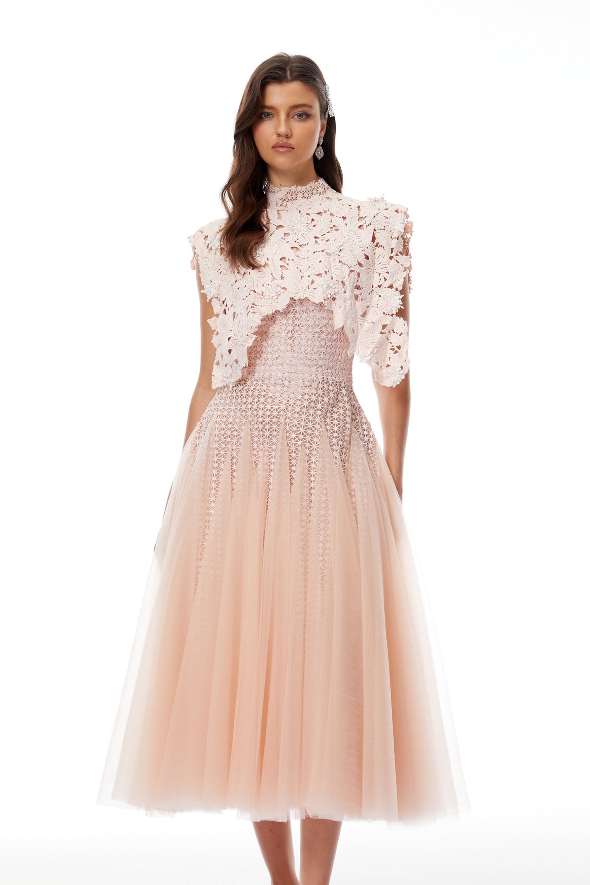 Aurohaya Margaret Light Pink Floral Crochet Midi Dress