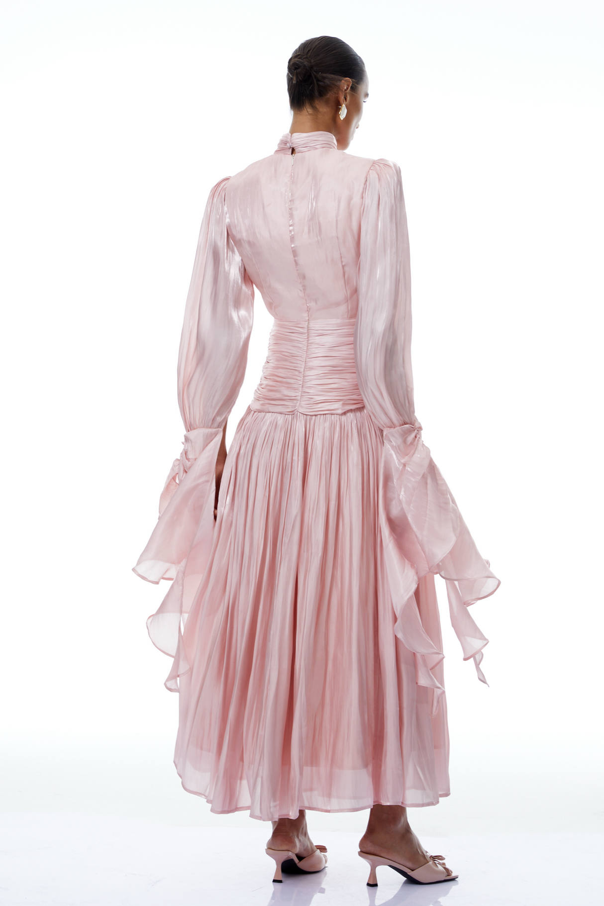 Aurohaya Sarolta Pink Glossy Ruched Maxi Dress