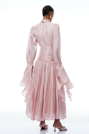 Aurohaya Sarolta Pink Glossy Ruched Maxi Dress