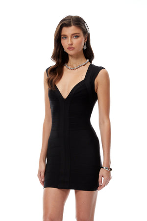 Aurohaya Laurel Black V Neck Bandage Mini Dress
