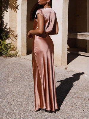 Aurohaya Spring/Summer Satin Solid Color V-Neck Fishtail Party Dress