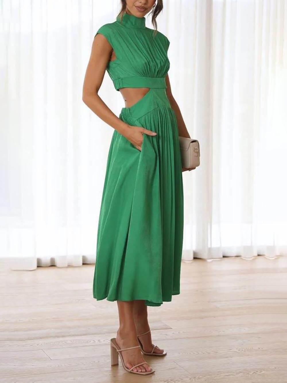 Aurohaya Cutout Waist Pocketed Vacation Midi Dress