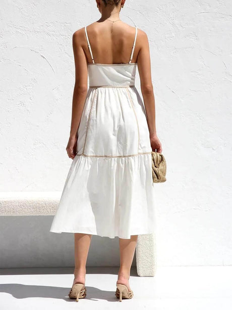Aurohaya Contrast Color Trim Adjustable Straps Midi Dress